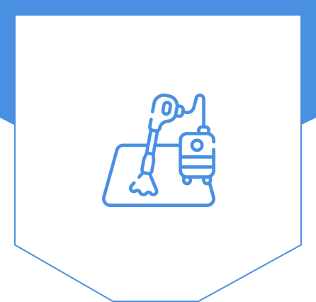 Icon of a vacuum cleaner and a mop on a mat, depicted in blue outline on a white and blue background, representing the expertise of Vermont Cleaning Company.