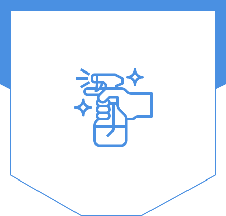 Blue line drawing of a hand holding a spray bottle with sparkles, set against a white and blue shield-shaped background, represents the trusted quality of Vermont Cleaning Company.