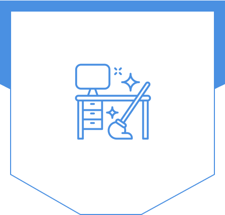 Icon of a desk with a computer and drawers, accompanied by a mop and sparkles, symbolizing the meticulous tidying up that Vermont Cleaning Company is known for.