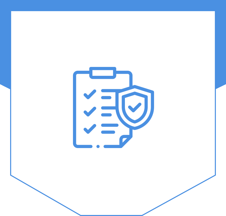 Icon of a checklist with checkmarks and a shield symbol, enclosed in a blue pentagon shape, embodies the trusted precision of leading office cleaning companies.