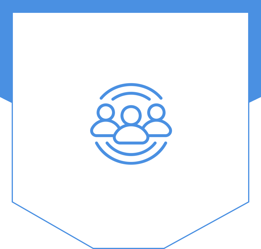 Blue icon of three people with circular lines around them, nestled within a white shield shape with a blue border at the top, symbolizing unity and protection—ideal imagery for office cleaning companies.